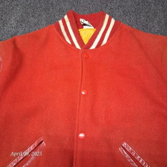 Vintage Wool and Leather Varsity Stadium Jacket Men Large Red Kaye Bros 60s